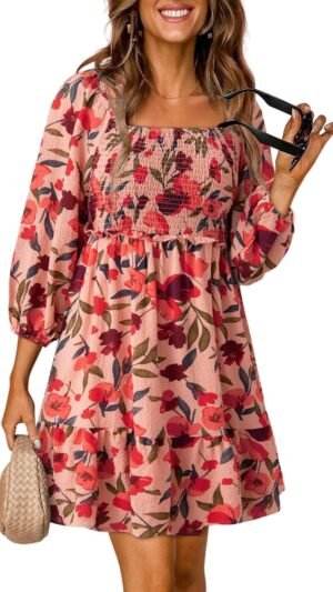 Connecteri  Womens Summer Dresses 2024 Boho Floral Square Neck Smocked 3/4 Sleeve Casual A-Line Swing Mini Babydoll Dress