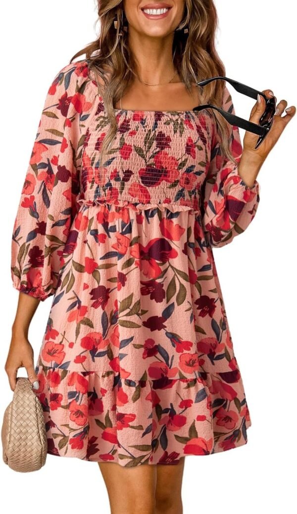 Connecteri  Womens Summer Dresses 2024 Boho Floral Square Neck Smocked 3/4 Sleeve Casual A-Line Swing Mini Babydoll Dress