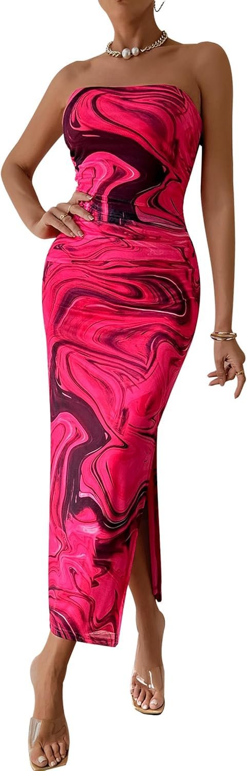 Connecteri  Women's Summer Maxi Bodycon Dresses Strapless Tube Top Printed Long Party Club Slit Dress