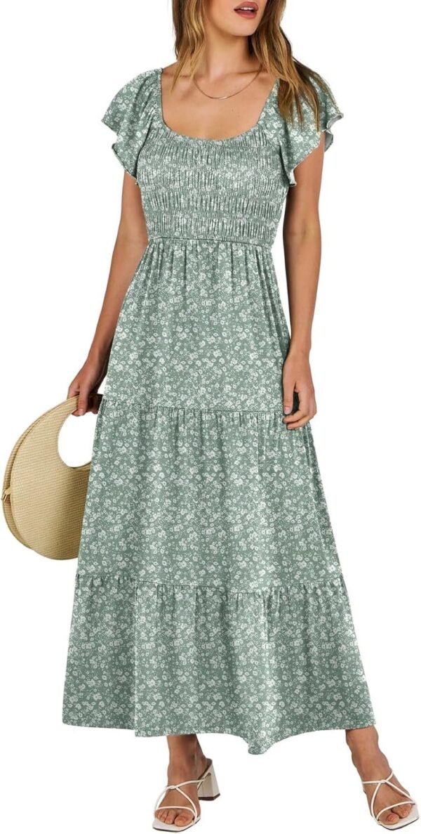Connecteri  Women??s 2024 Summer Casual Maxi Dress Flutter Sleeve Scoop Neck Smocked Tiered A Line Flowy Beach Long Sun Dresses