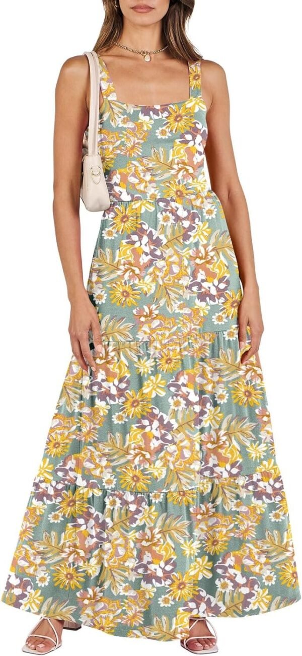 Connecteri  Women's Summer Casual Long Maxi Beach Vacation Dresses Sleeveless Square Neck Flowy Tiered Sun Dress with Pockets