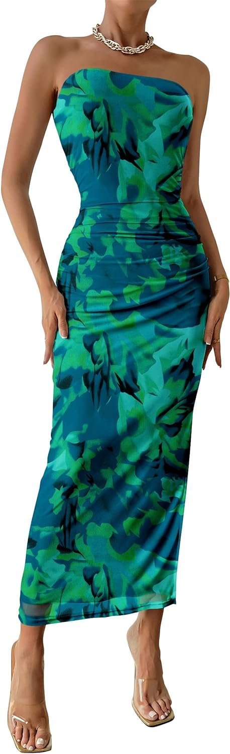 Connecteri  Women's Summer Maxi Bodycon Dresses Strapless Tube Top Printed Long Party Club Slit Dress