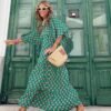 Connecteri  Womens Loose Fit Casual Summer V Neck Half Sleeve Bohemian Geometric Pattern Maxi Long Dresses