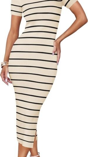Connecteri Women's Summer Bodycon Midi Dress 2024 Striped Short Sleeve Ribbed Knit Slim Fit Side Slit T Shirt Dresses