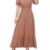Connecteri  Womens 2024 Puff Short Sleeve Square Neck Swiss Dot Smocked Waist Ruffle Hem Tiered Long Dress