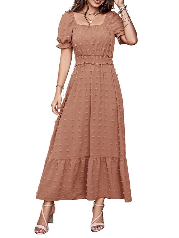 Connecteri  Womens 2024 Puff Short Sleeve Square Neck Swiss Dot Smocked Waist Ruffle Hem Tiered Long Dress