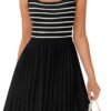 Connecteri Women's Summer Sleeveless Mini Dress 2024 Square Neck Striped Knit A Line Pleated Tank Dresses
