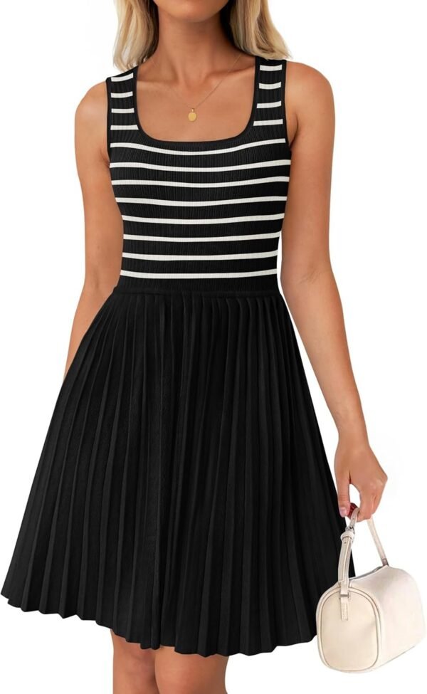 Connecteri Women's Summer Sleeveless Mini Dress 2024 Square Neck Striped Knit A Line Pleated Tank Dresses