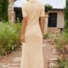 Connecteri  Women's V Neck Ribbed Knit Maxi Dress Button Short Sleeve Slim Fit Bodycon Sweater Dress