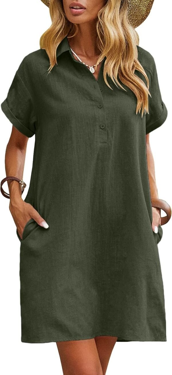 Connecteri  Womens Cotton Shirt Dress Summer Casual Short Sleeve Button Down Beach Cover Up Shirts with Pockets