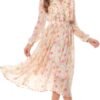 Connecteri  Women Floral Print V Neck Long Sleeves Ruffles Pleated Chiffon Flowy Swing Midi Dress