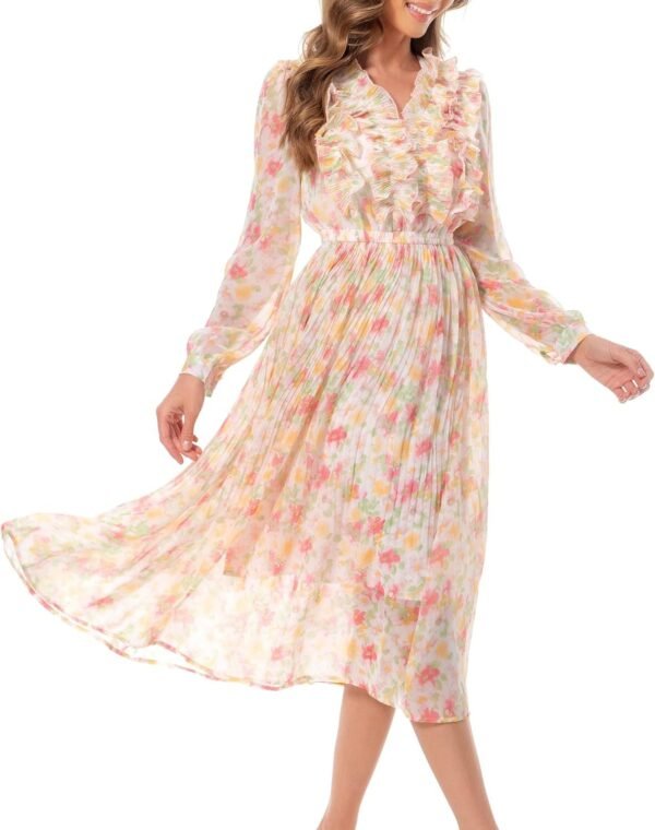 Connecteri  Women Floral Print V Neck Long Sleeves Ruffles Pleated Chiffon Flowy Swing Midi Dress