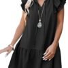 Connecteri  Womens Summer V-Neck Drawstring Ruffle Cap Short Sleeve Casual Shift Mini Dress with Pockets