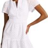Connecteri  Womens 2024 Summer Short Dress V Neck Short Sleeve A Line Hollow Out Lace Ruffle Cute Casual Beach Party Dresses