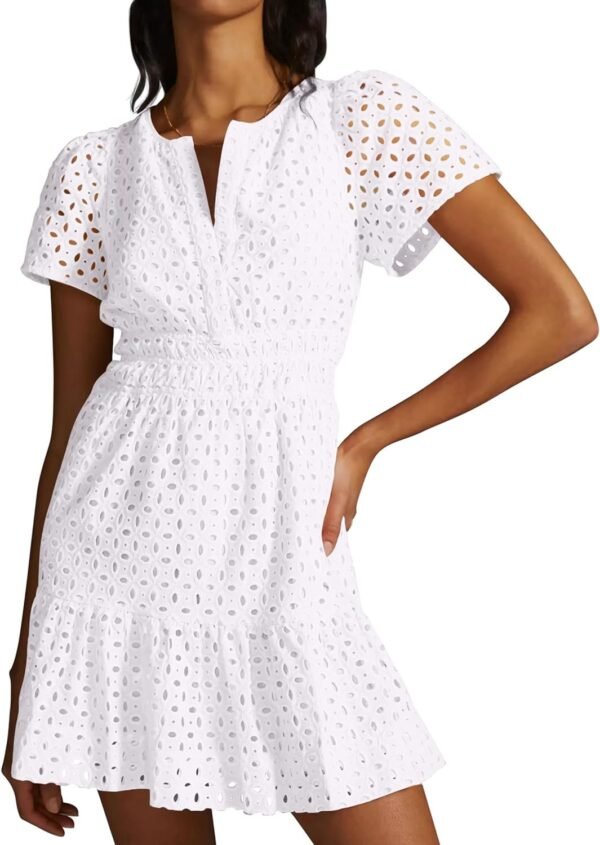 Connecteri  Womens 2024 Summer Short Dress V Neck Short Sleeve A Line Hollow Out Lace Ruffle Cute Casual Beach Party Dresses