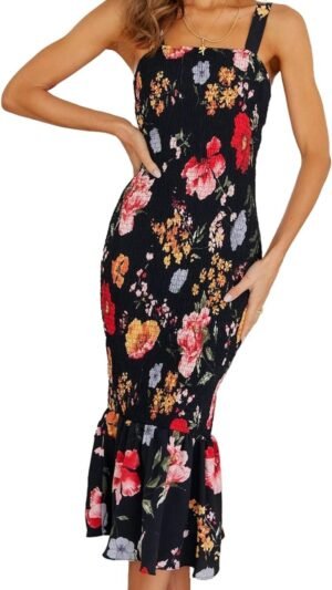 Connecteri Womens Sleeveless Strappy Ruffle Hem Smocked Bodycon Dress