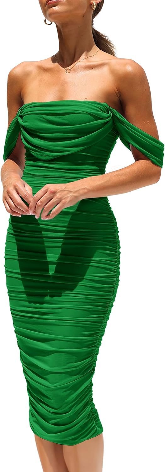 Connecteri?Womens Summer Off The Shoulder Ruched Bodycon Dresses Sleeveless Fitted Party Club Midi
