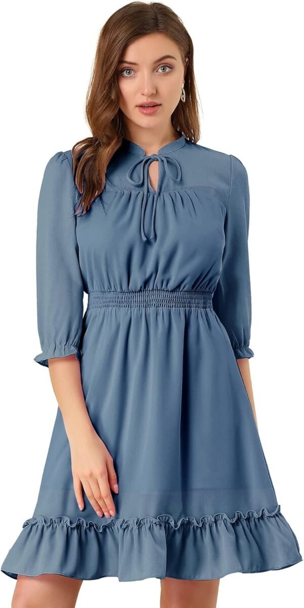 Connecteri  K Women's Autumn Wedding Guest Dresses Ruffle Hem 3/4 Sleeve A-Line Smocked Short Chiffon Dress
