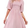 Connecteri  Women's Summer Cotton Puff Sleeves Casual Vintage Polka Dots Print Off Shoulder Midi Dress