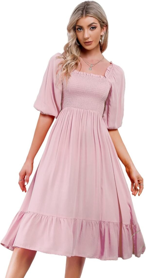 Connecteri  Women's Summer Cotton Puff Sleeves Casual Vintage Polka Dots Print Off Shoulder Midi Dress