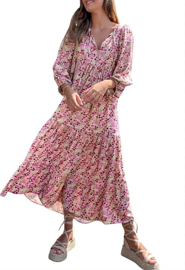 Connecteri  Womens Loose Fit Casual Summer V Neck Half Sleeve Bohemian Geometric Pattern Maxi Long Dresses