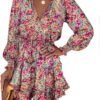 Connecteri  Womens Summer Dresses 2024 Boho Floral Drawstring V Neck Smocked Long Sleeve Ruffle Tiered Chiffon Mini Short Dress