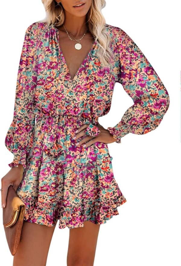 Connecteri  Womens Summer Dresses 2024 Boho Floral Drawstring V Neck Smocked Long Sleeve Ruffle Tiered Chiffon Mini Short Dress