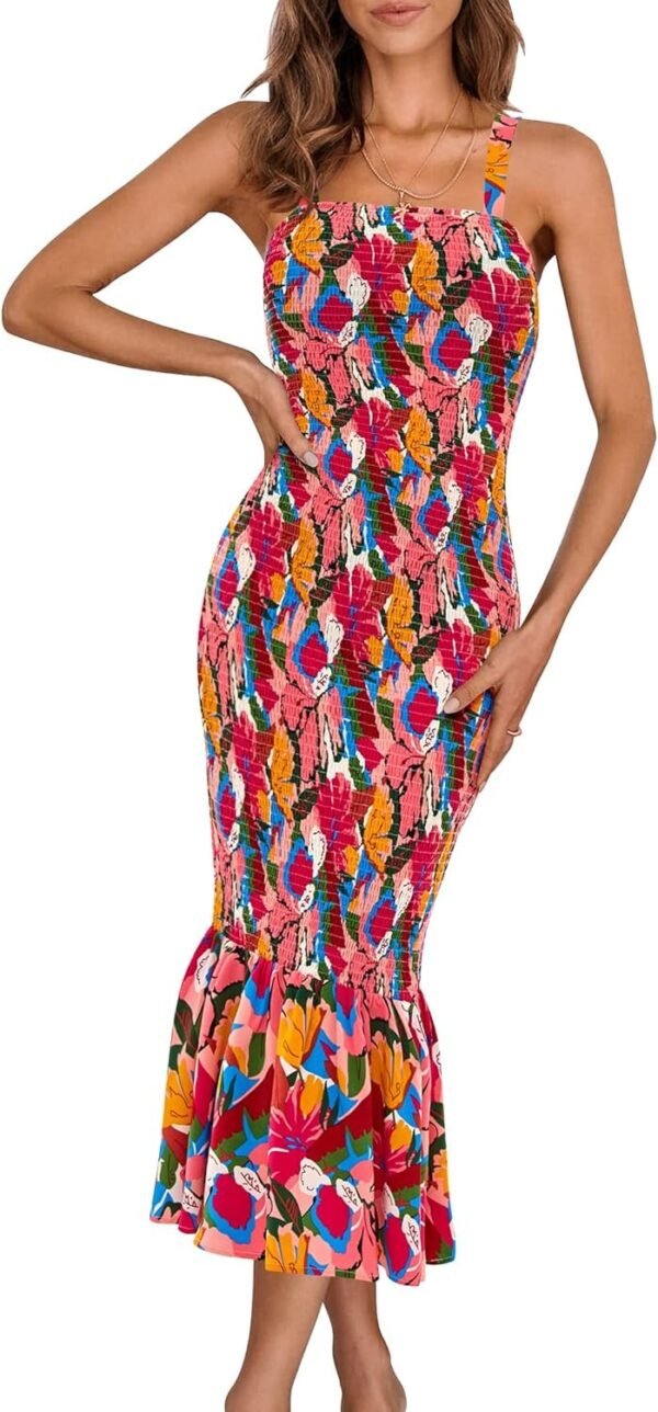 Connecteri Womens Sleeveless Strappy Ruffle Hem Smocked Bodycon Dress