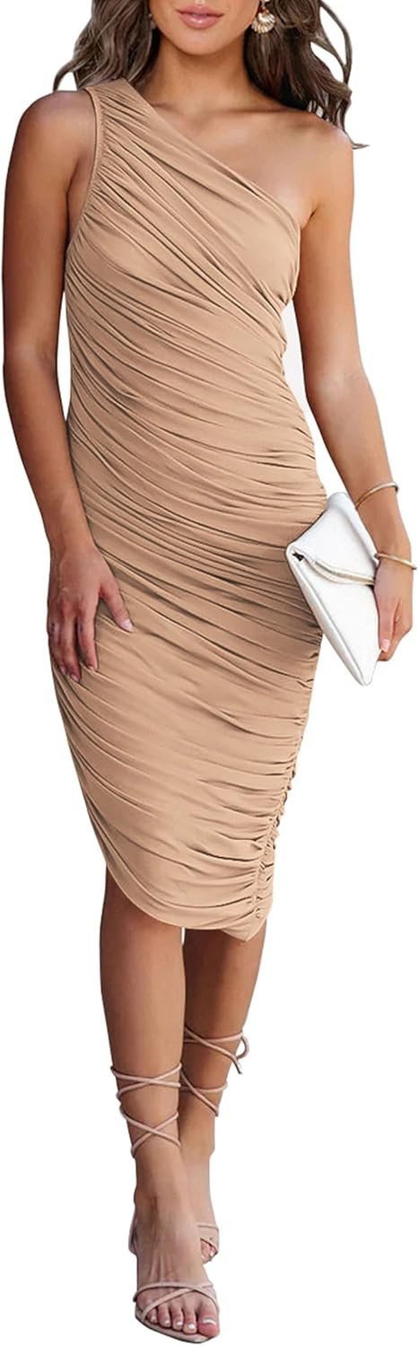 Connecteri?Women's Ruched Bodycon Dress 2024 Summer One Shoulder Sleeveless Party Cocktail Pencil Dresses