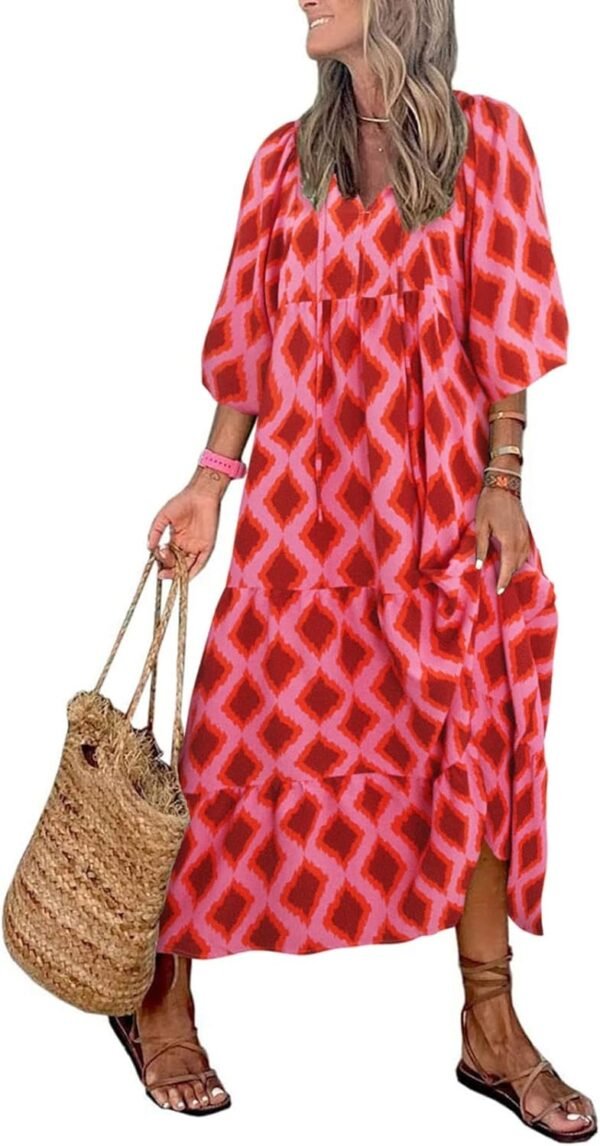 Connecteri  Womens Loose Fit Casual Summer V Neck Half Sleeve Bohemian Geometric Pattern Maxi Long Dresses