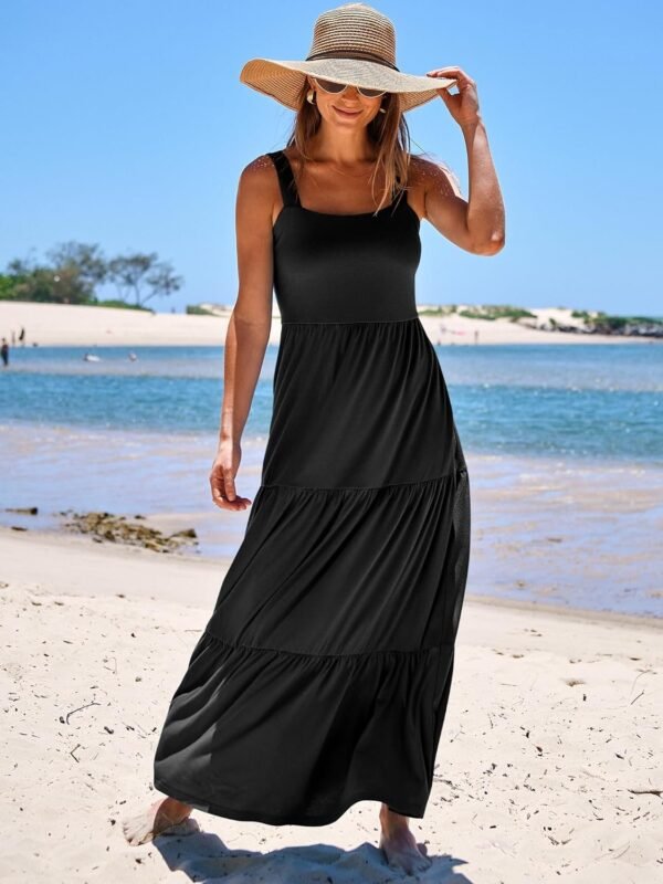Connecteri  Women's Summer Casual Long Maxi Beach Vacation Dresses Sleeveless Square Neck Flowy Tiered Sun Dress with Pockets
