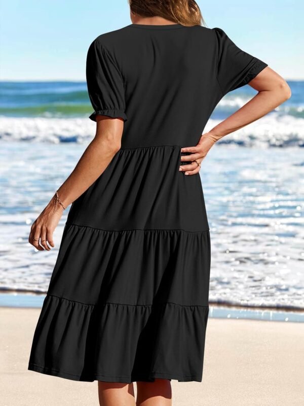 Connecteri  Women's 2024 Summer Short Puff Sleeve Midi Dress Casual V Neck High Waist Tiered Swing A Line Dresses