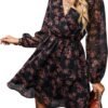 Connecteri  Women's Floral Print Chiffon A-Line Mini Dress Long Peasant Sleeves