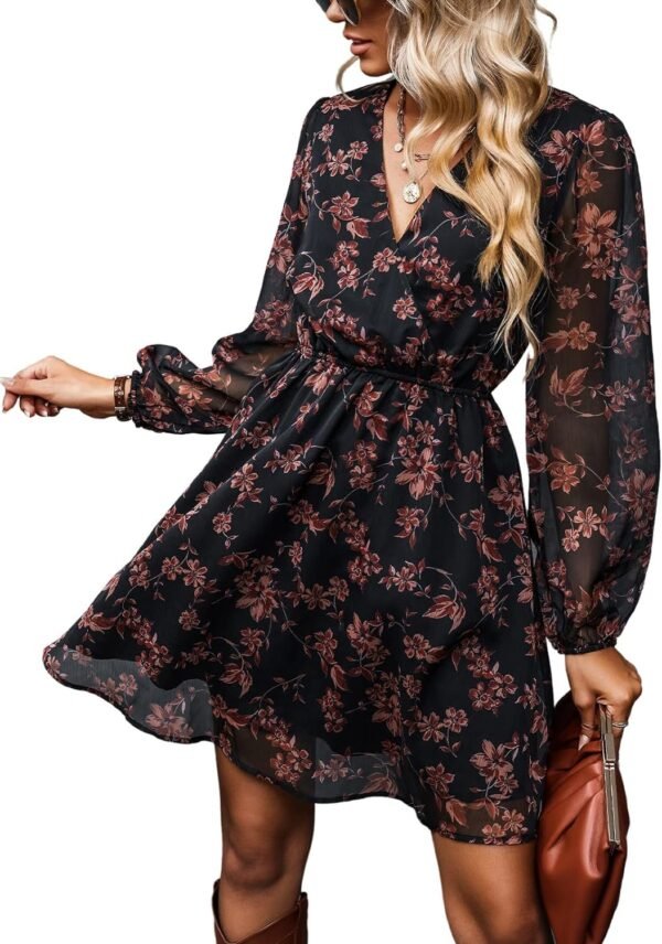 Connecteri  Women's Floral Print Chiffon A-Line Mini Dress Long Peasant Sleeves