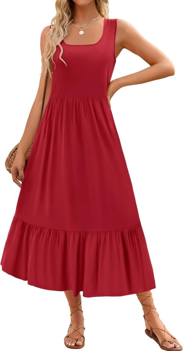 Connecteri Women's 2024 Summer Sleeveless Dress Square Neck Pleated Swing Casual Maxi Dresses with Pockets