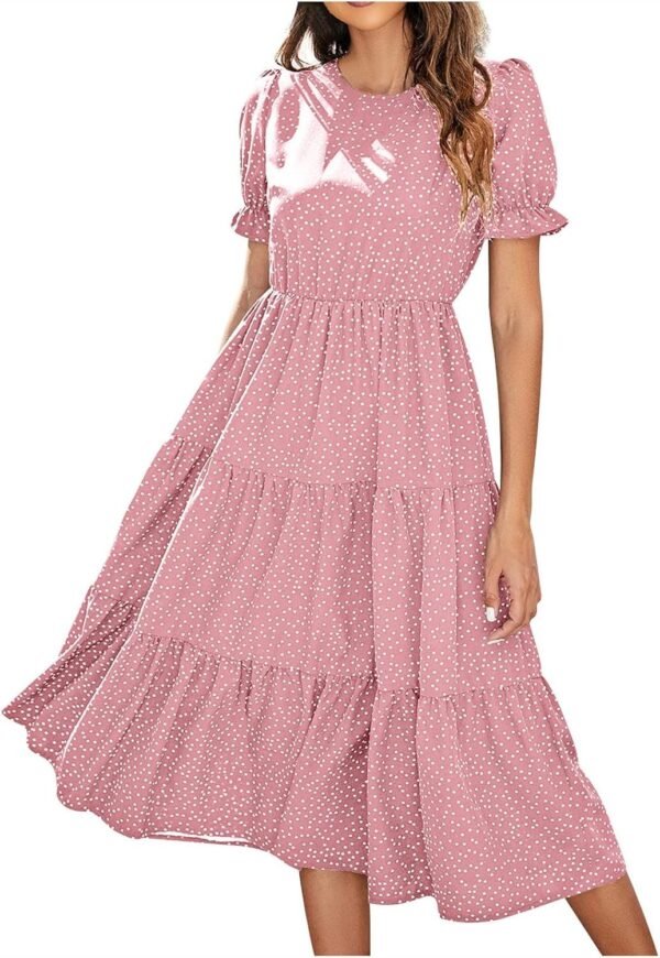 Connecteri  Dresses for Women 2023 Wedding Guest Summer V Neck Short Sleeve Smocked Ruffle Hem A-Line Polka Dot Boho Maxi Dress