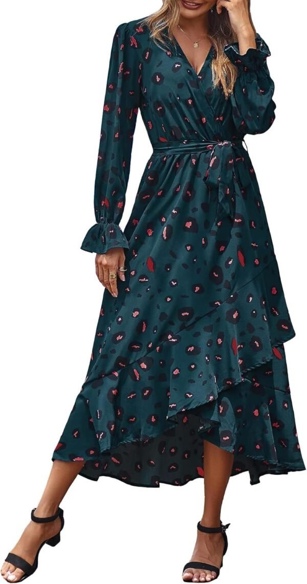 Connecteri  Women Long Sleeve Wrap Maxi Dress V Neck Boho Floral High Waist Flowy Ruffle 2024 Spring Summer Dresses with Belt