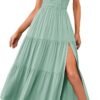 Connecteri  Women's Summer One Shoulder Sleeveless Knot Smocked Midi Dress Split Tiered Flowy Dresses