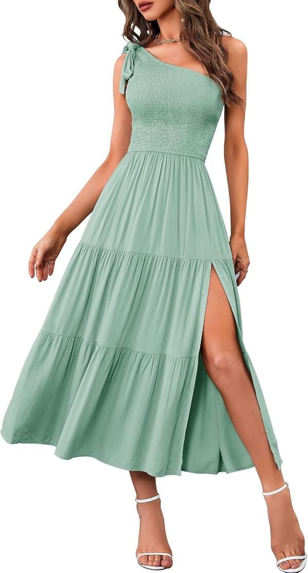 Connecteri  Women's Summer One Shoulder Sleeveless Knot Smocked Midi Dress Split Tiered Flowy Dresses