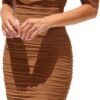Connecteri  Womens Summer Off The Shoulder Ruched Bodycon Dresses Sleeveless Fitted Party Club Midi