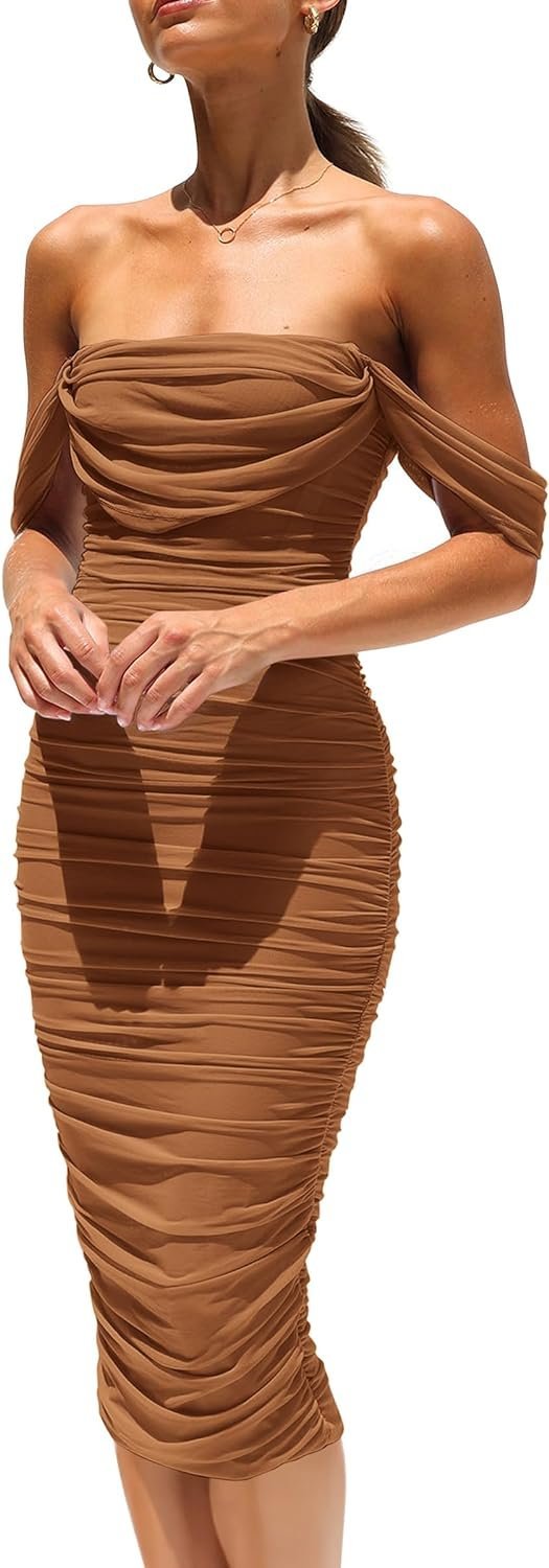 Connecteri?Womens Summer Off The Shoulder Ruched Bodycon Dresses Sleeveless Fitted Party Club Midi