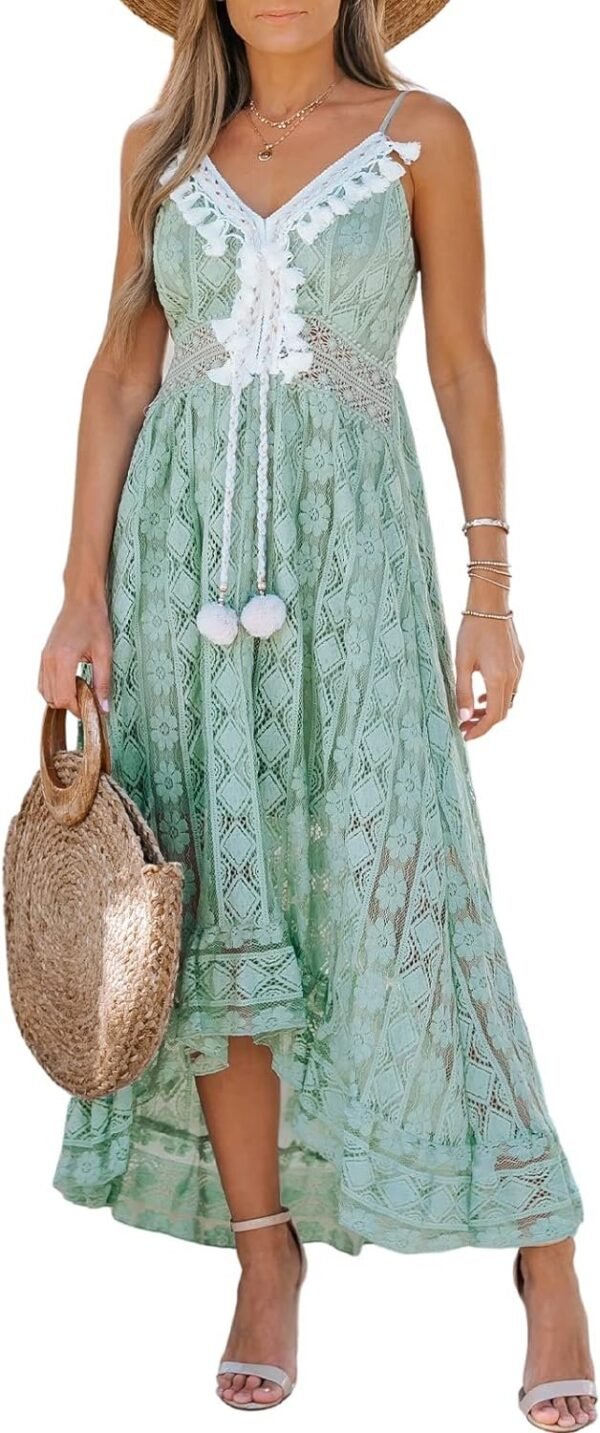 Connecteri  Women's Maxi Dress Lace Dresses Boho Tassel V-Neck Flare Ruffle Adjustable Straps Beach Summer Long Dress