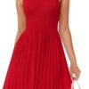 Connecteri Women's Summer Sleeveless Mini Dress 2024 Crewneck Knit A Line Pleated Swing Casual Basic Short Dress