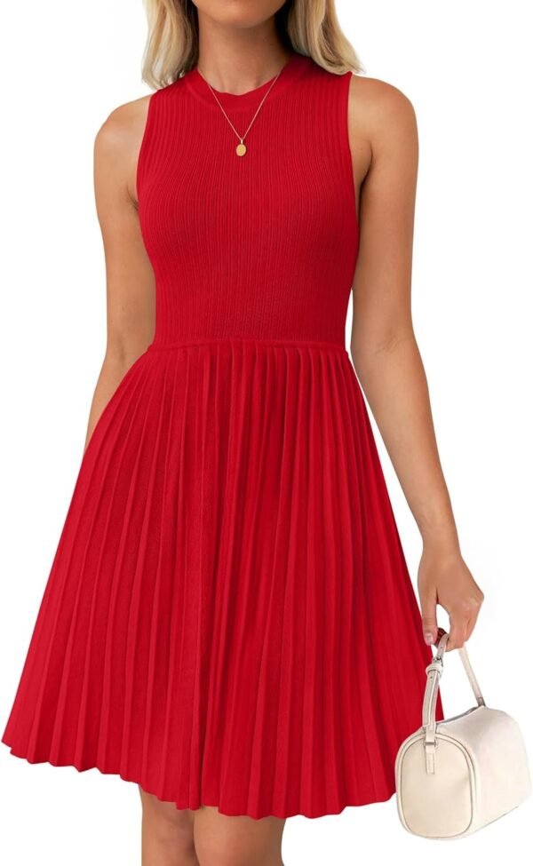Connecteri Women's Summer Sleeveless Mini Dress 2024 Crewneck Knit A Line Pleated Swing Casual Basic Short Dress