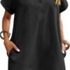 Connecteri  Womens Cotton Shirt Dress Summer Casual Short Sleeve Button Down Beach Cover Up Shirts with Pockets