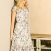 Connecteri  K Women's Floral Chiffon Flutter Sleeve Belted Square Neck Ruffled Hem Dress