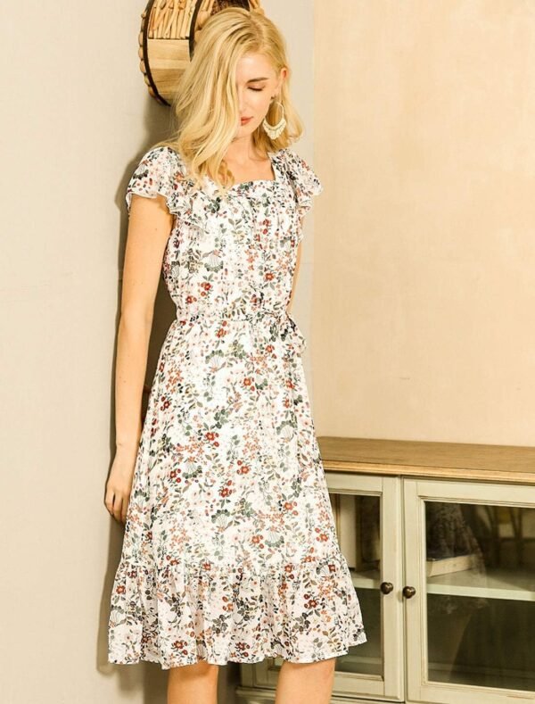 Connecteri  K Women's Floral Chiffon Flutter Sleeve Belted Square Neck Ruffled Hem Dress