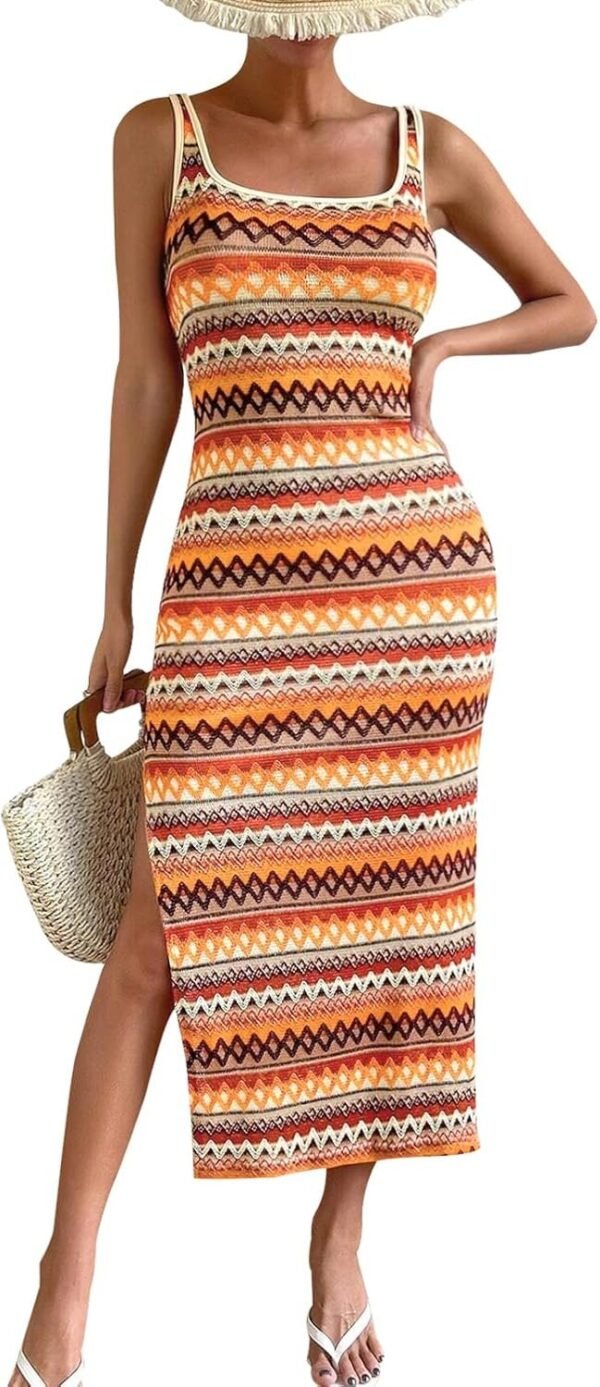Connecteri  Womens 2024 Summer Fitted Tight Square Neck Beach Sundress