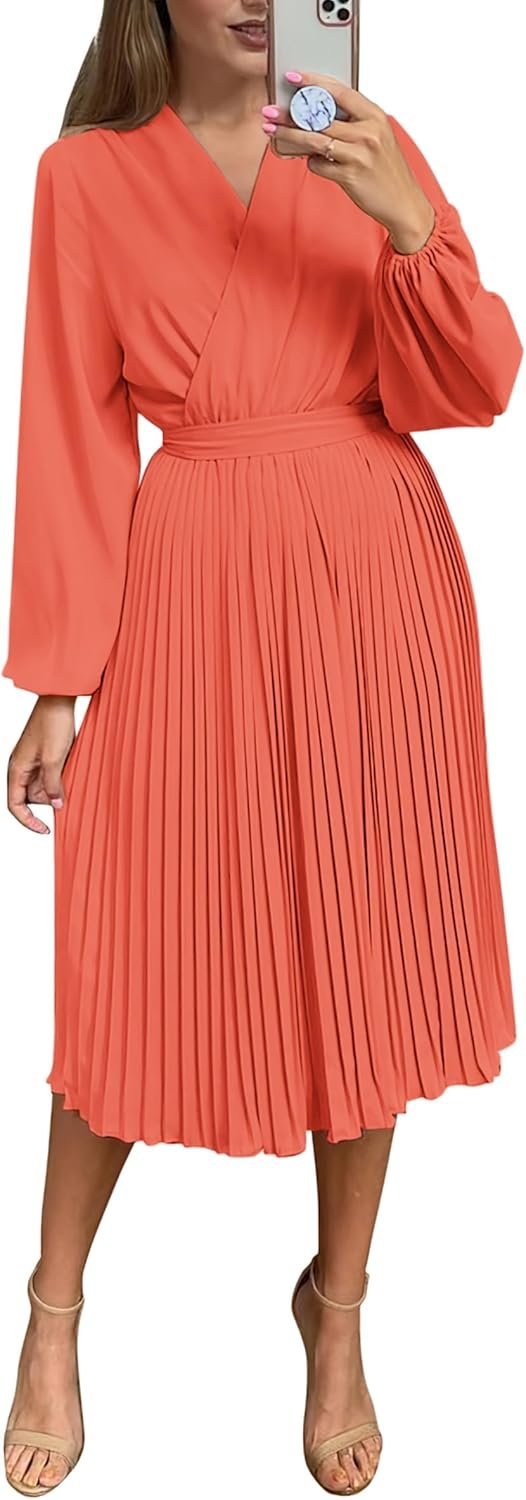 Connecteri  Womens V Neck Flowy Ruffle Pleated Casual Fall Dress