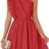 Connecteri Women's Summer One Shoulder Ruffle Dress 2024 Boho Sleeveless Elastic High Waist Swing Mini Dresses